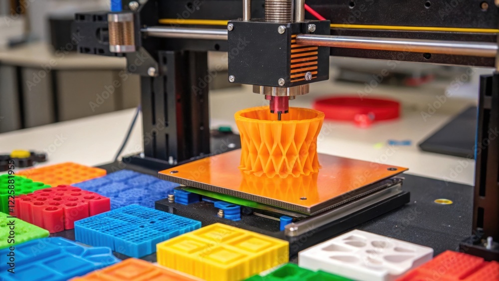 Poster A closeup of a 3D printer in action with molten plastic being extruded layer by layer surrounded by a colorful array of printed prototypes and designs on a table.