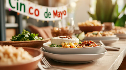 Colorful Cinco de Mayo banner hanging over traditional Mexican cuisine spread, capturing festive spirit of cultural celebration with warm, inviting dining scene