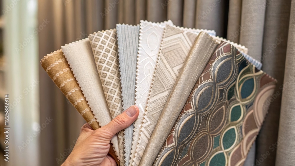 Poster a closeup of a designers hand holding fabric swatches for curtains showcasing various textures and c