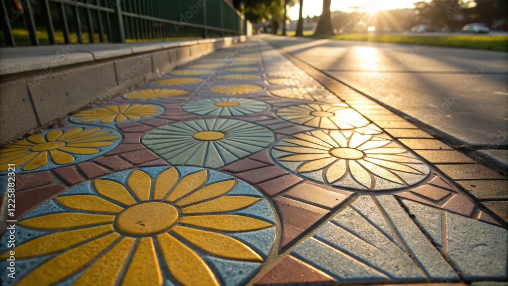 Aufkleber A closeup of a completed section of sidewalk with decorative tiles forming a sunburst pattern capturing the way light and shadows play across the surface.