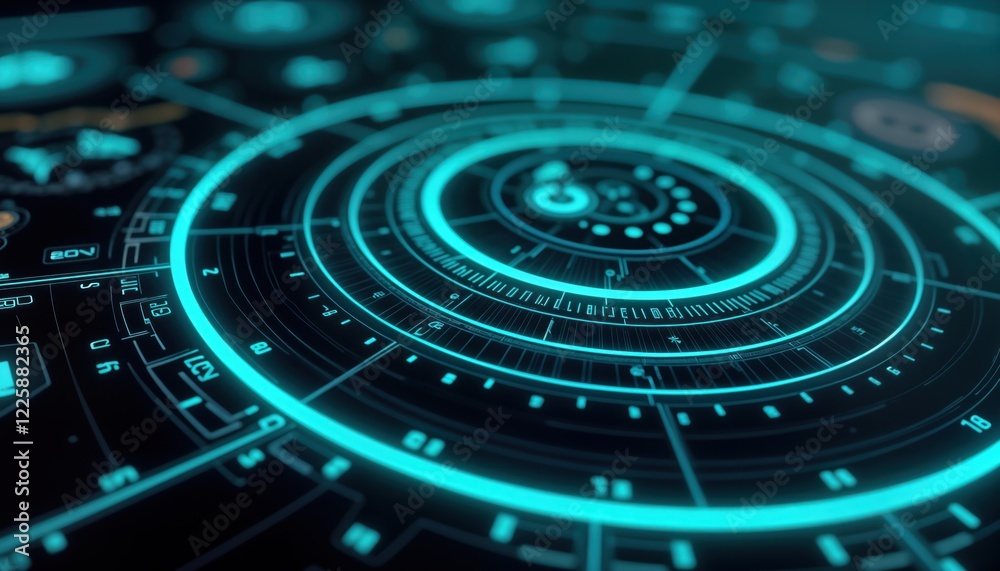 Fototapete futuristic tech interface glows with turquoise, cobalt light. circular elements, glowing lines form 