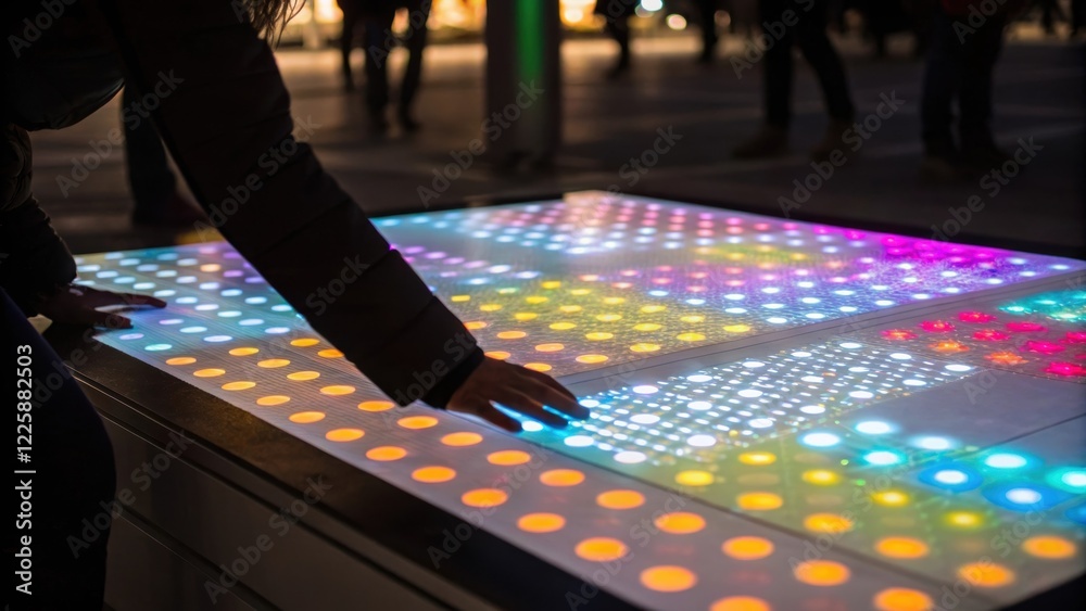 Aufkleber A closeup of a glowing LED display surface detailing the colorful patterns created by public engagement with hands of passersby faintly visible.