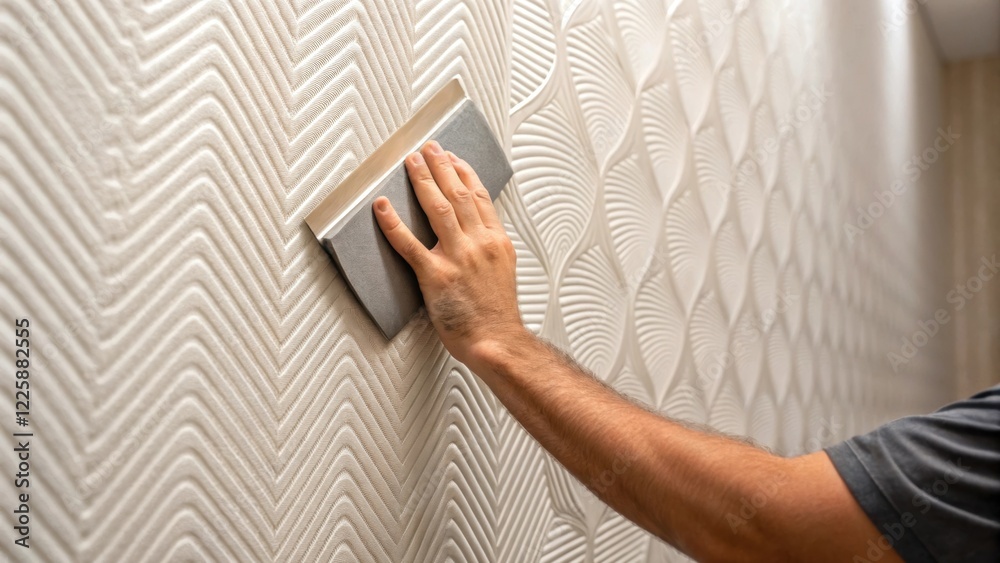 Poster a closeup of a hand smoothing out soundproofing wallpaper on a wall highlighting the texture of the 