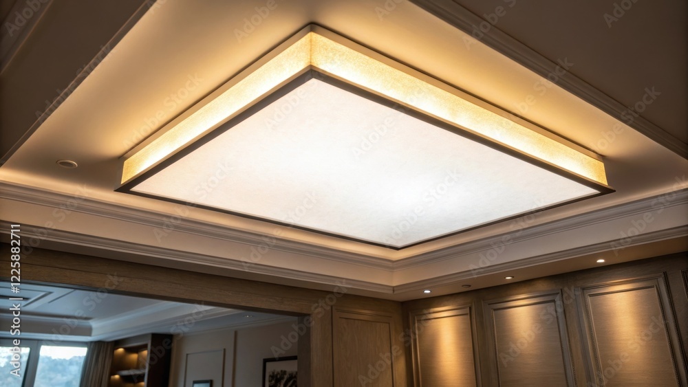Poster A closeup of an ambient light panel embedded in the ceiling casting a warm glow to create a calming atmosphere emphasizing moodenhancing design.