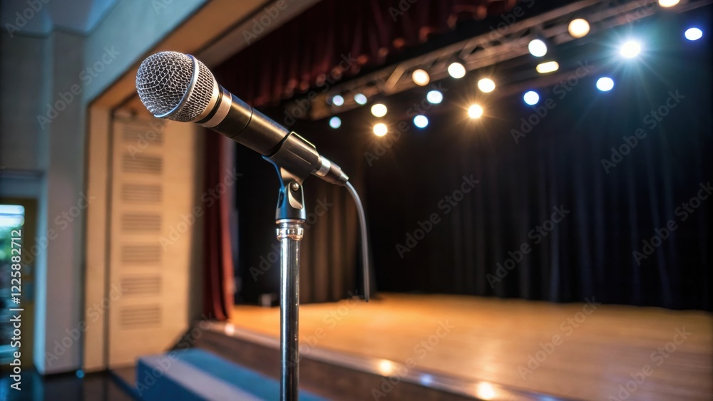 Poster A closeup of a microphone stand with a polished microphone gleaming under soft lighting positioned in front of a small stage ready for use in an upcoming performance.