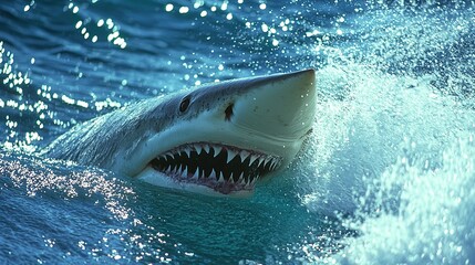 Naklejka premium Great white shark swims through ocean waves during daylight near a coastal area