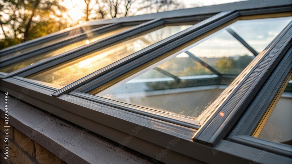 Poster a closeup of a skylights tripleglazed glass focusing on its high insulation properties while sunligh