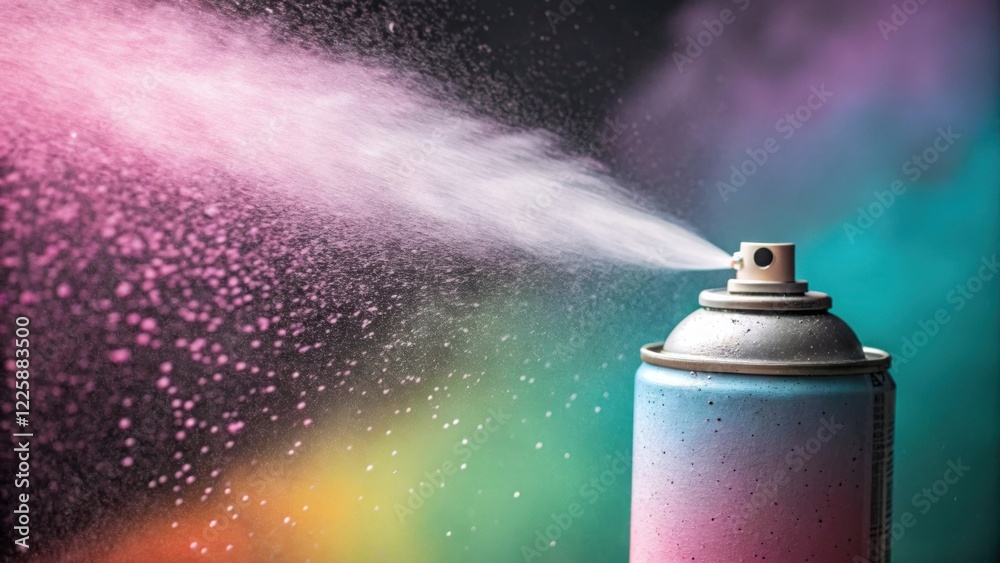 Poster a closeup of a spray paint can releasing a fine mist of soft pastel colors with droplets catching th