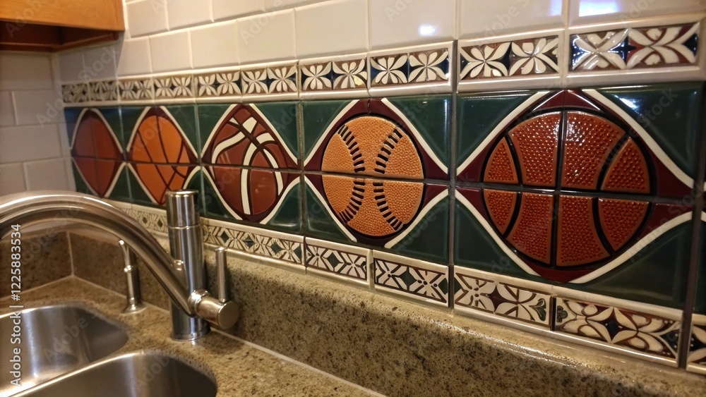Aufkleber A closeup of a sportsthemed backsplash being tiled behind a sink area displaying intricate patterns and a glossy finish that adds flair to the utility space.