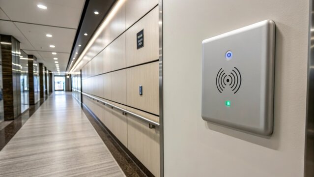 A closeup of a stateoftheart induction loop system for auditory assistance installed discreetly along the lobby walls for visitors with hearing impairments.