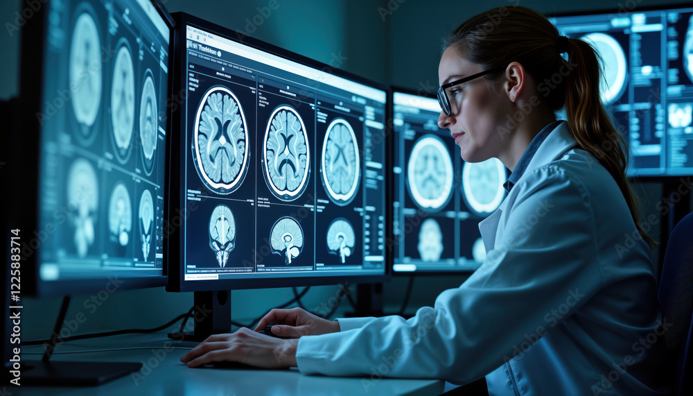Poster focused doctor reviews multiple brain scans on computer monitors in high-tech medical lab. neurology
