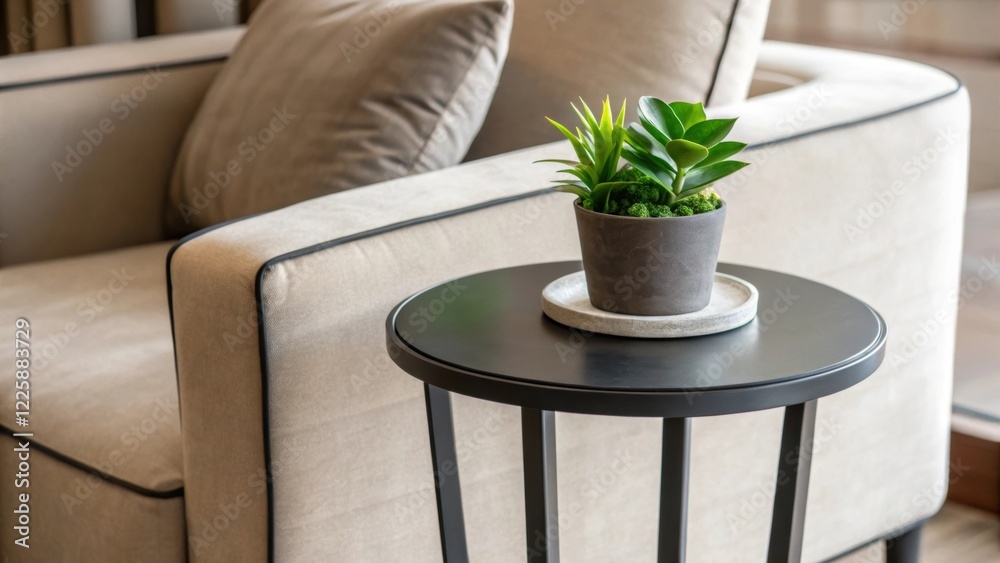 Poster a closeup of a stylish minimalist side table complete with a small potted plant providing a pop of g