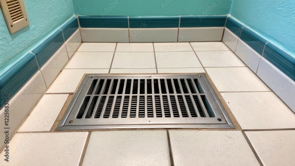 Poster a closeup of a ventilation grate embedded in a newly tiled floor with a fresh paint job on the surro
