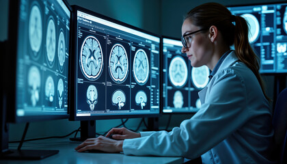 Focused doctor reviews multiple brain scans on computer monitors in high-tech medical lab. Neurology expert carefully analyzes brain wave images. Modern tech aids in diagnosis. Medical pro in