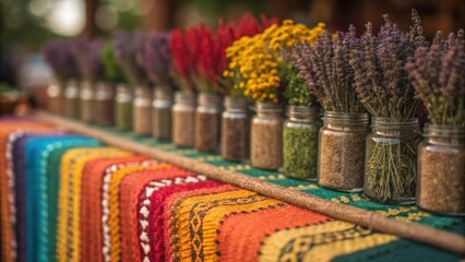 A closeup of a vibrant tapestry of es and dried herbs displayed in small rustic jars drawing the eye with their rich colors and inviting scents.