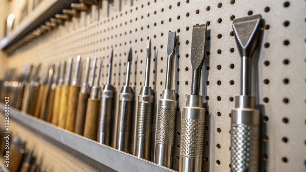 Aufkleber A closeup of a wallmounted pegboard displaying an array of sculpting tools with light reflecting off their metal surfaces indicating readiness for use.