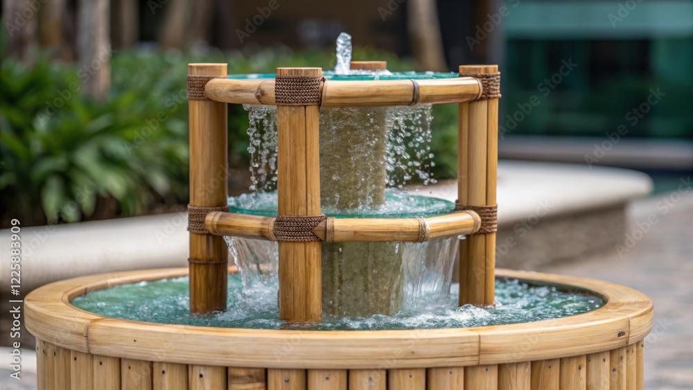 Poster a closeup of a water fountain with ecofriendly materials detailing its bamboo frame and recycled gla