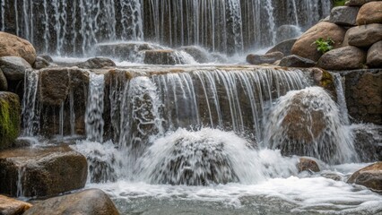 A closeup of a waterfall being renovated with water cascading over rocks and creating a fine mist capturing the intricate details of water droplets.