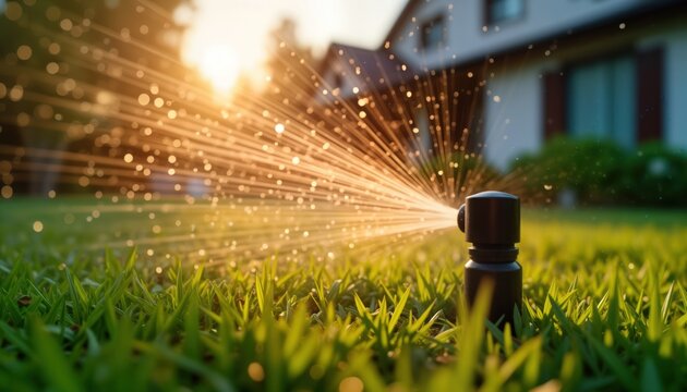 Sprinkler irrigates vibrant green lawn outdoors. Sunlight shines through water droplets. Private home garden setting. Summer day scene. Water sprays across grass. Equipment in use. Freshness, growth - Powered by Adobe