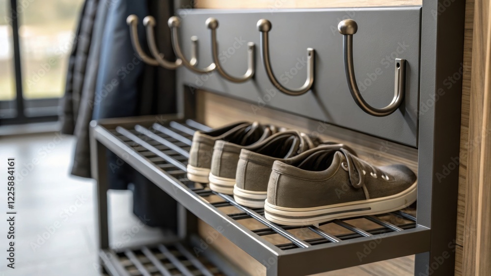 Poster A closeup of coat hooks and a shoe rack segregated near the entrance showcasing practical design elements that enhance organization and tidiness in the waiting area.
