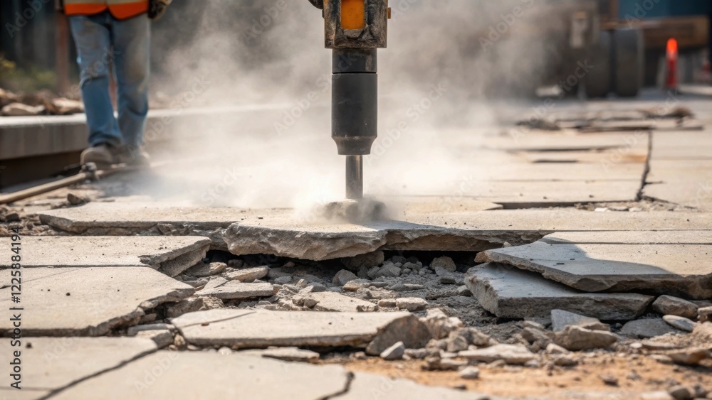 Poster a closeup of cracked concrete flooring being demolished with debris tered and a sy jackhammer in act