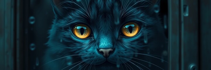 Mystical black cat with an inquisitive mood gazing through a rain-soaked window