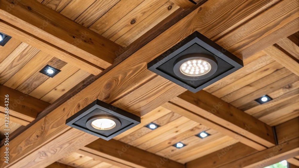 Poster A closeup of energyefficient LED lights embedded in a ceiling design featuring natural elements like wood beams illustrating an ecoconscious approach to lighting.