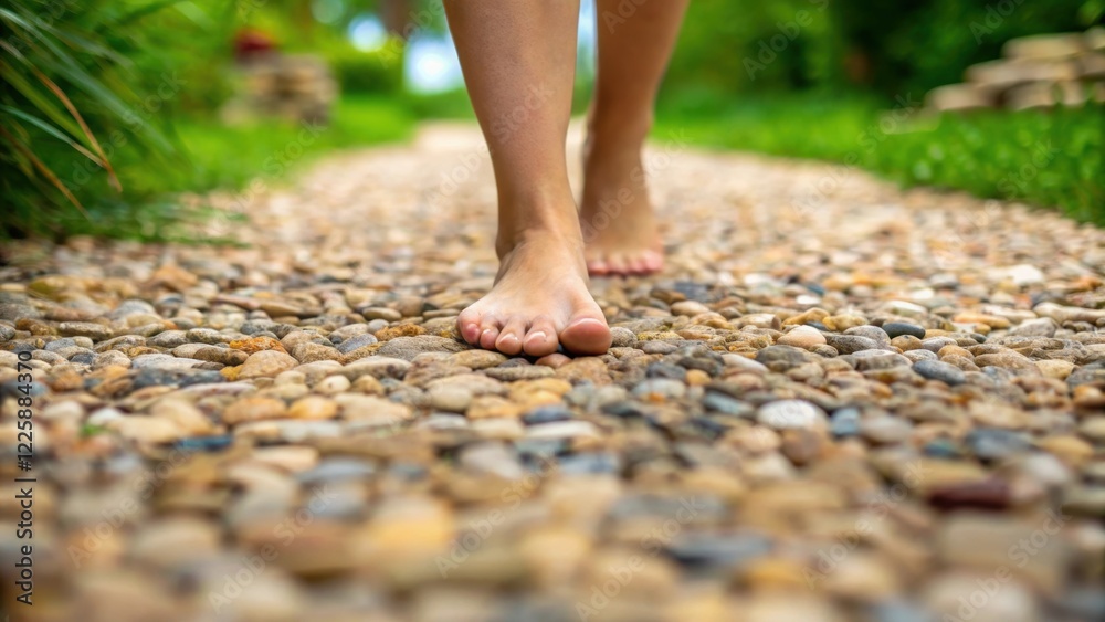 Poster a closeup of feet walking on a textured gravel path made from locally sourced stones capturing the n