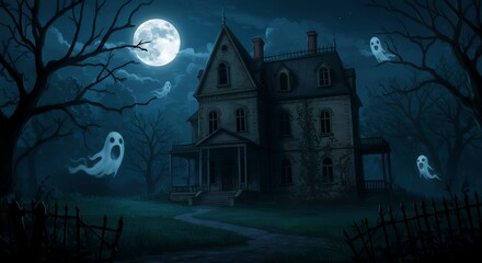 Haunted House Halloween Night Spooky Ghosts Illustration