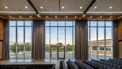 A closeup of energyefficient large windows that allow natural light to flood the auditorium framed by sleek modern window treatments that provide ambiance.