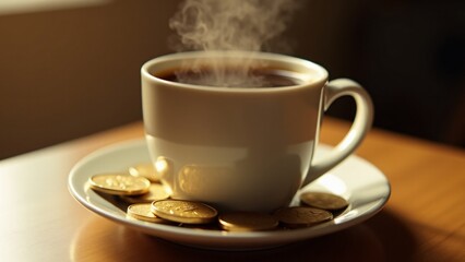Fototapeta premium A cup of coffee sits on a table, with shimmering coins at the bottom instead of a smooth base. The contrast of warmth and wealth offers a thought-provoking look at the intersection of life and money.