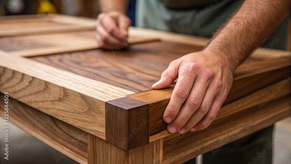 Poster a closeup of hands assembling a wooden coffee table showcasing the intricate grain of the wood and t