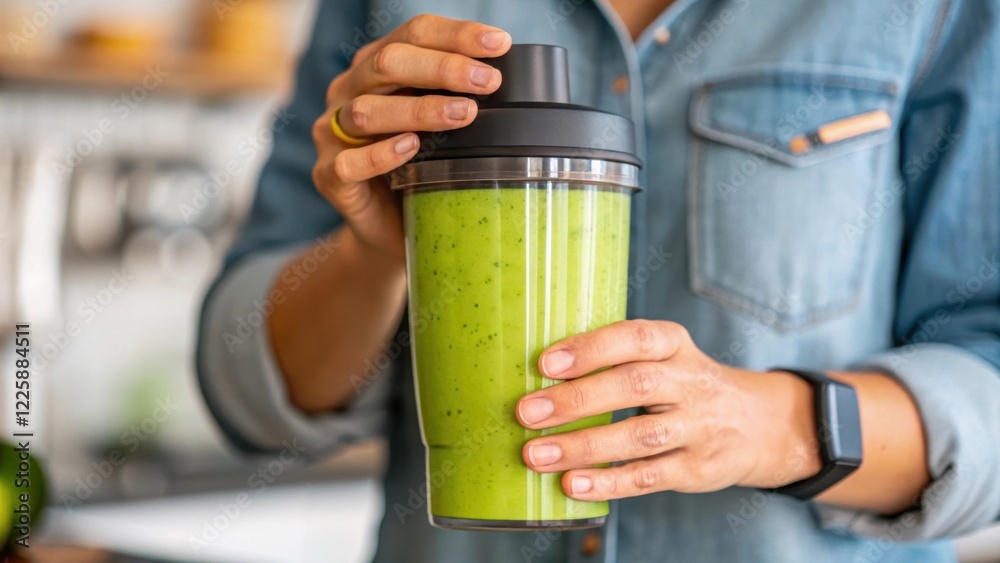 Poster a closeup of hands pouring a smoothie from a stateoftheart blender into a reusable cup illustrating 
