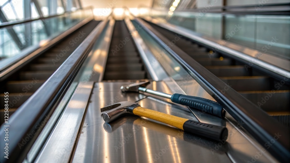 Poster A closeup of hand tools rested on an escalator handrail symbolizing the manual labor involved in the upgrade while also showing reflection from the worksite.