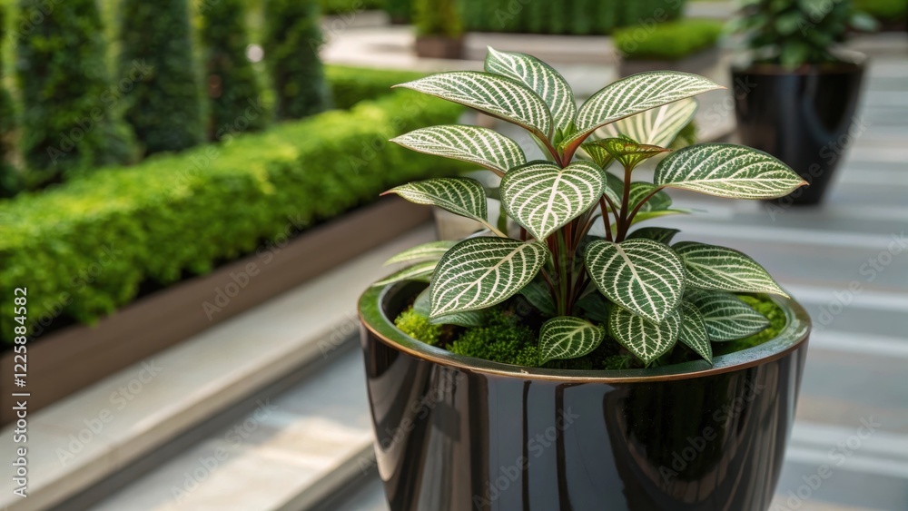 Aufkleber a closeup of intricate patterns in the leaves of a s plant positioned elegantly in a glossy planter 