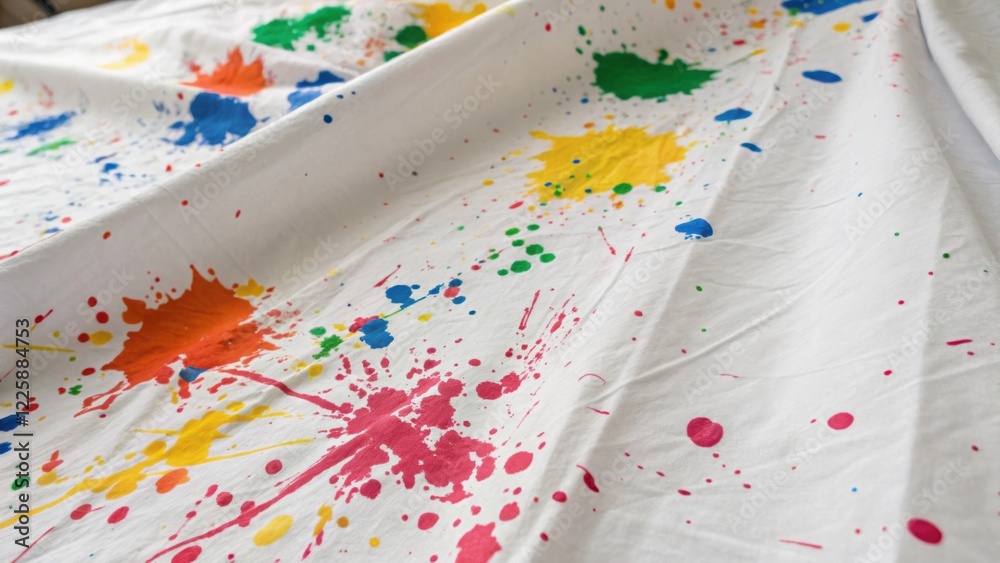 Poster a closeup of paint splatters on a white drop cloth showcasing the lively colors used in the repainti