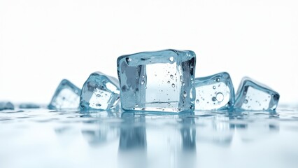 Fresh ice cubes melting on a reflective wet surface with a white background	