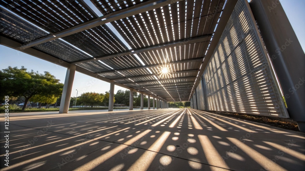 Poster A closeup of sunlight filtering through the slats of the solar canopy casting artistic patterns on the ground and highlighting the interaction of nature and urban infrastructure.