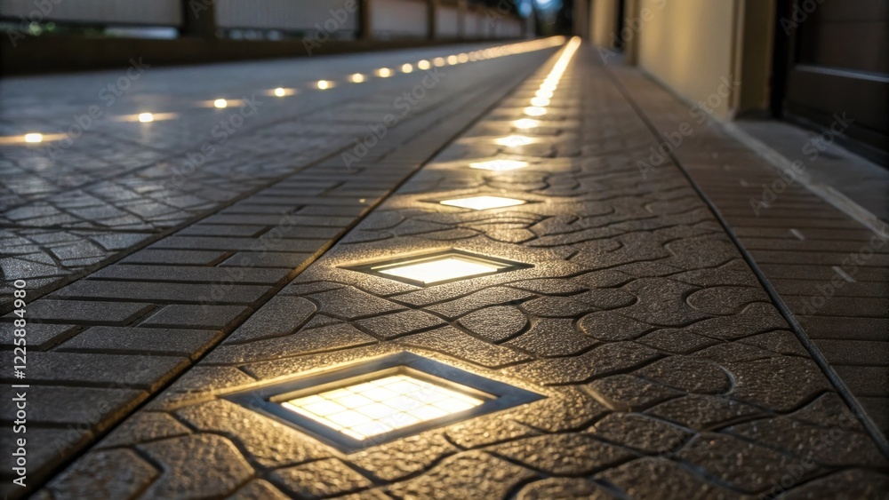 Poster a closeup of textured flooring with integrated light panels illuminating the pathway and increasing 