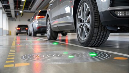 A closeup of smart sensors embedded in the parking garage floor detecting vehicle presence and relaying information to a centralized system enhanced with glowing indicators.