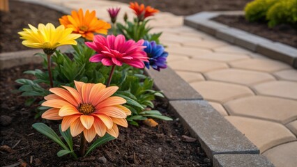 A closeup of several colorful flowers planted in a nearby garden bed their vibrant petals contrasting against the earthy tones of the new walkway project.