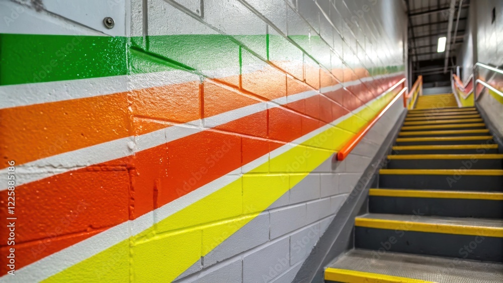 Poster A closeup of the newly painted fire escape markings on a wall displaying bright colors and reflective materials that improve visibility in low light conditions.