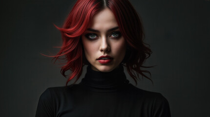 Fototapeta premium Portrait of a striking woman with vibrant red hair, dark smoky makeup, bold red lips, black turtleneck, intense gaze, dramatic lighting, gothic style, edgy fashion, mysterious atmosphere.