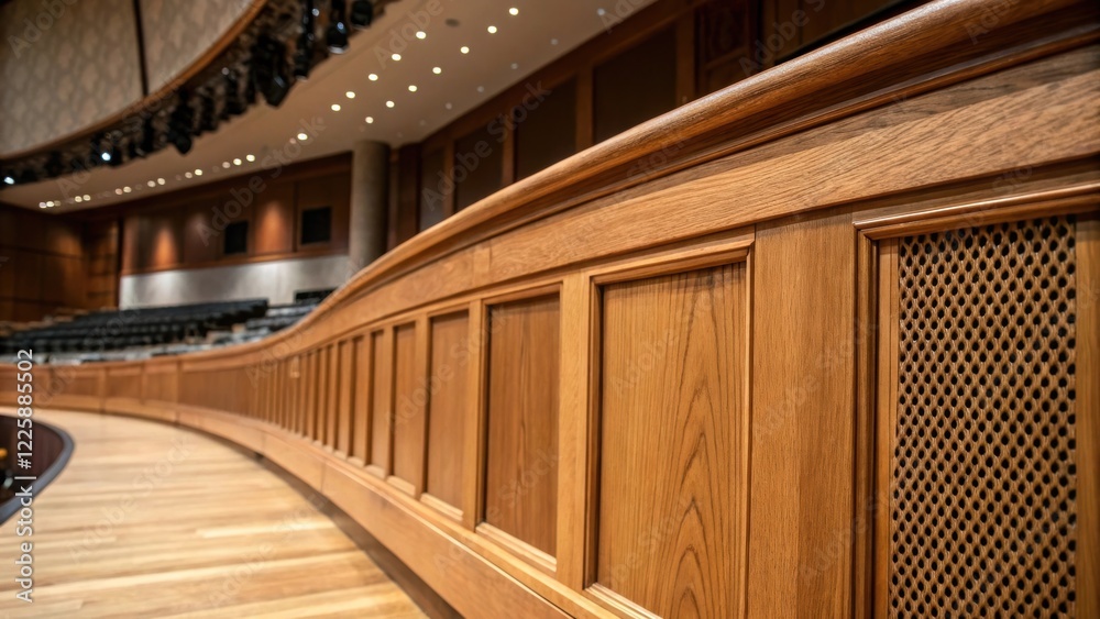 Aufkleber A closeup on a wooden stage edge highlighting customdesigned sound reflectors seamlessly integrated into the architectural elements.