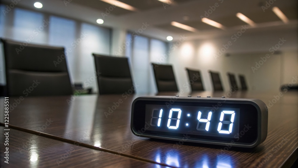 Poster A closeup on the glowing screen of a digital clock displaying the time in a modern meeting room with the soft shadows of chairs surrounding it.