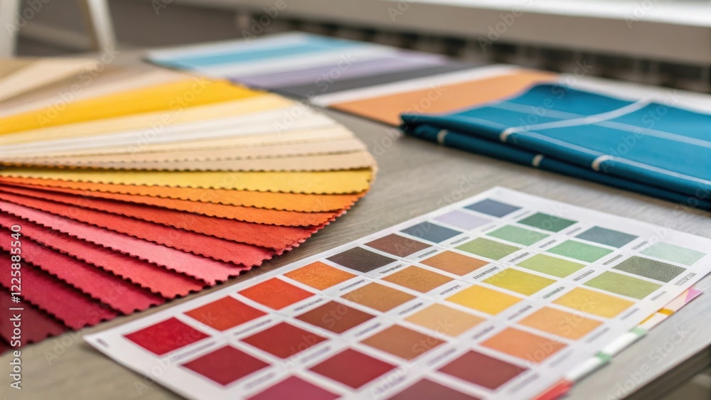 Poster A closeup on a table covered with an array of paint samples and fabric swatches featuring harmonious colors intended to bring warmth and creativity to the multipurpose room.