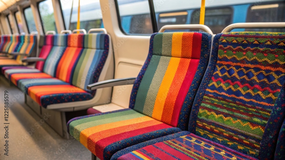 Poster A closeup on the multicolored seating arrangement highlighting the blend of hues and patterns that create an inviting atmosphere for passengers waiting for their transit.