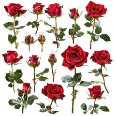 Collection of realistic red roses isolated on white background