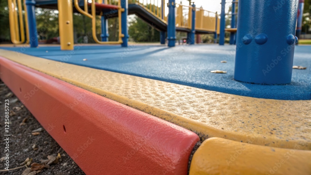 Poster a closeup shot of the edges where new safety surfacing meets traditional playground equipment emphas