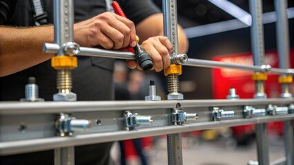A closeup shot of tools and equipment being used to assemble a large exhibition display focusing on hands at work with screws bolts and connectors.